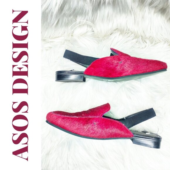 ASOS RED PONY HAIR SLINGBACK LOAFER MULES LOW HEEL, SIZE 7 - Picture 3 of 9